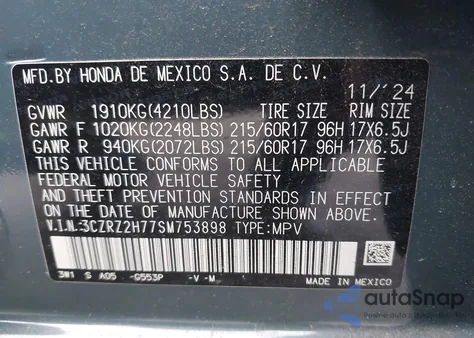 2025 Honda Hr-V Awd Ex-L z USA, uszkodzony, nr VIN 3CZRZ2H77SM753898